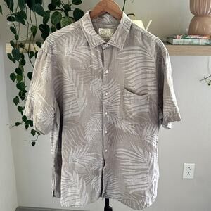 Tasso Elba Mens Linen Silk Blend Shirt XL Beige Brown Palm Leaves Button Up